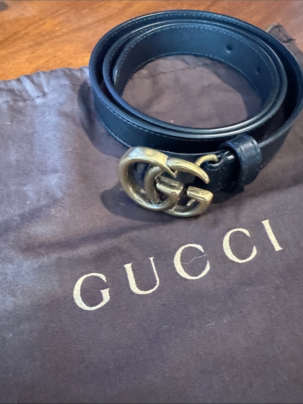 Gucci Black Leather Belt with Antique Gold Double G Buckle